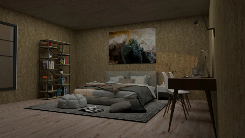 this is a very modern bedroom with furniture and bookshelves