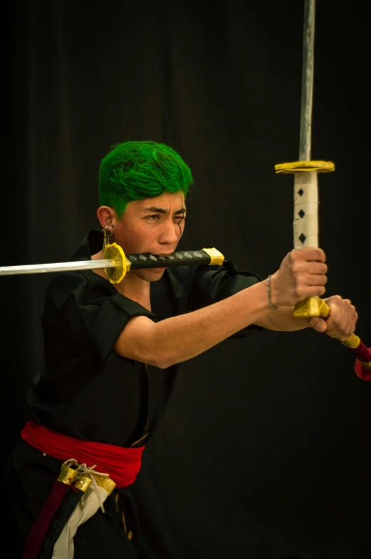 a person in a green mohawk is holding two swords