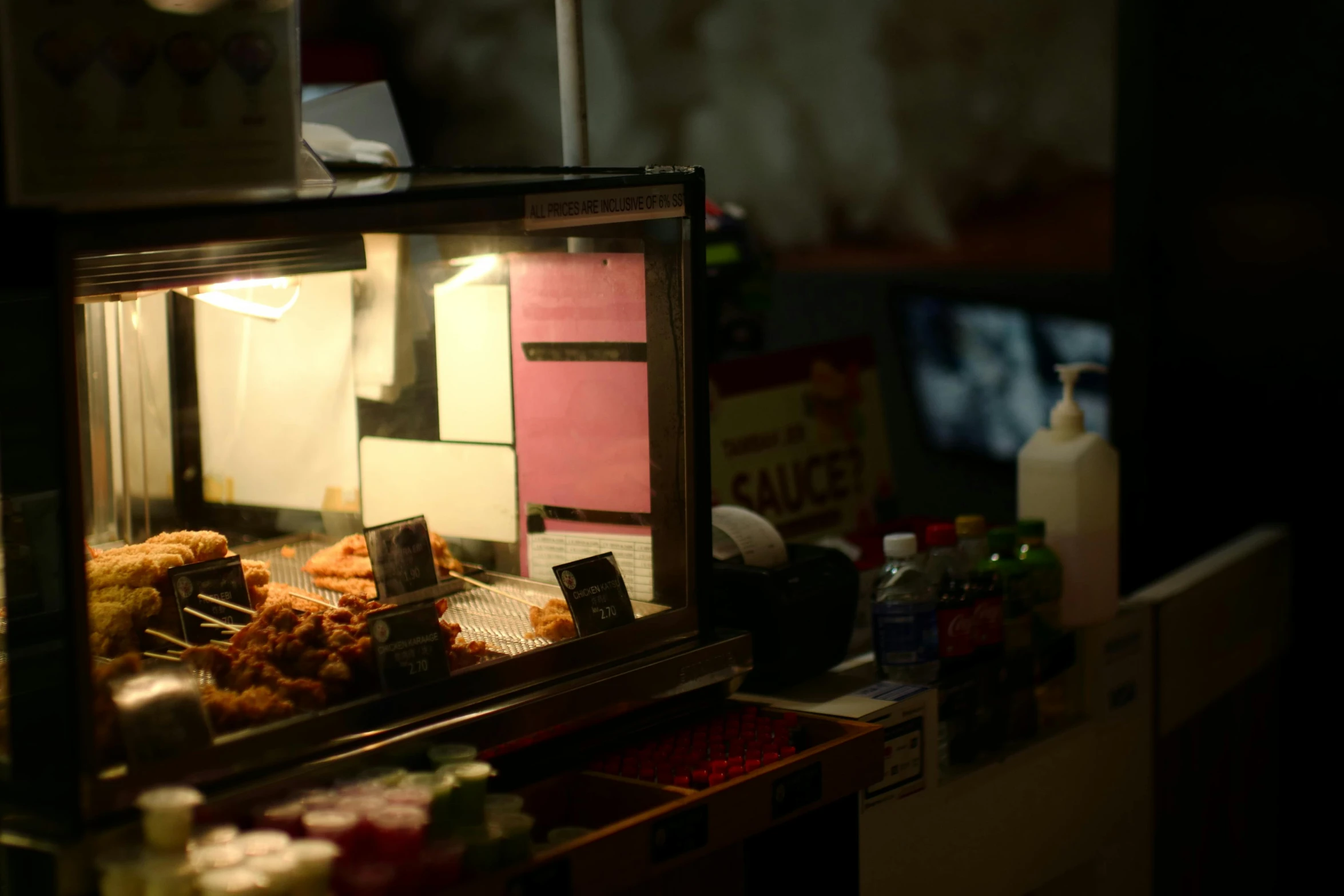 a counter with several foods and drinks on it