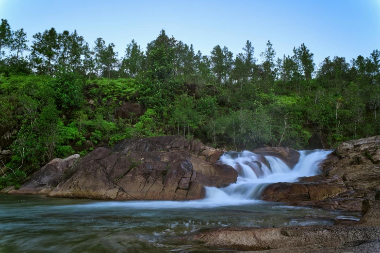 a stream flowing over a rock next to some trees