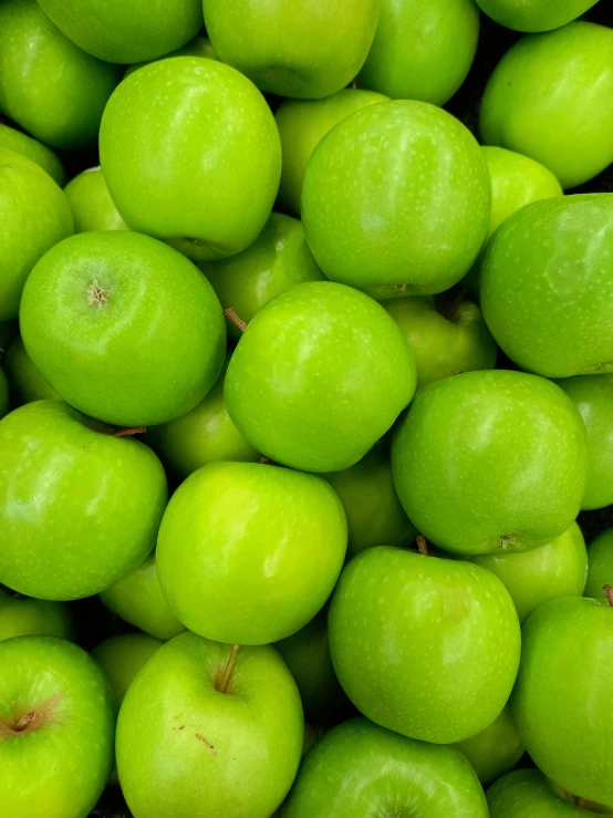 a large pile of green apples is seen
