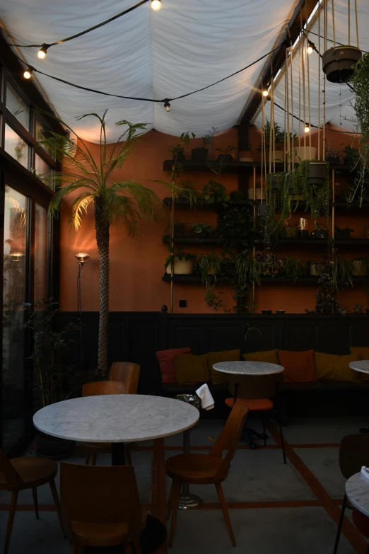 an image of a restaurant setting decorated with plants