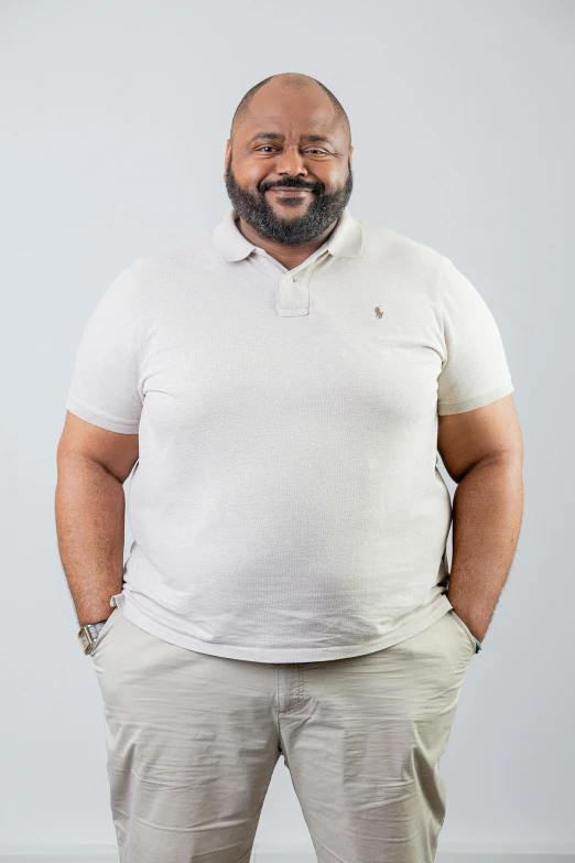 a fat man posing in his big, overweight clothing