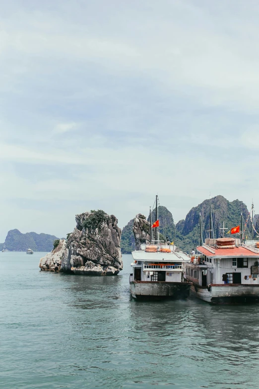 two large boats docked in front of three smaller ships