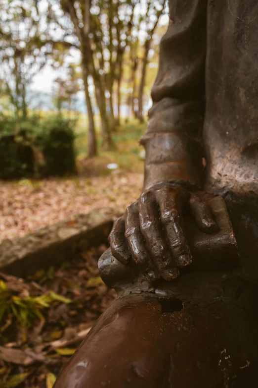 a person standing in the woods next to a sculpture