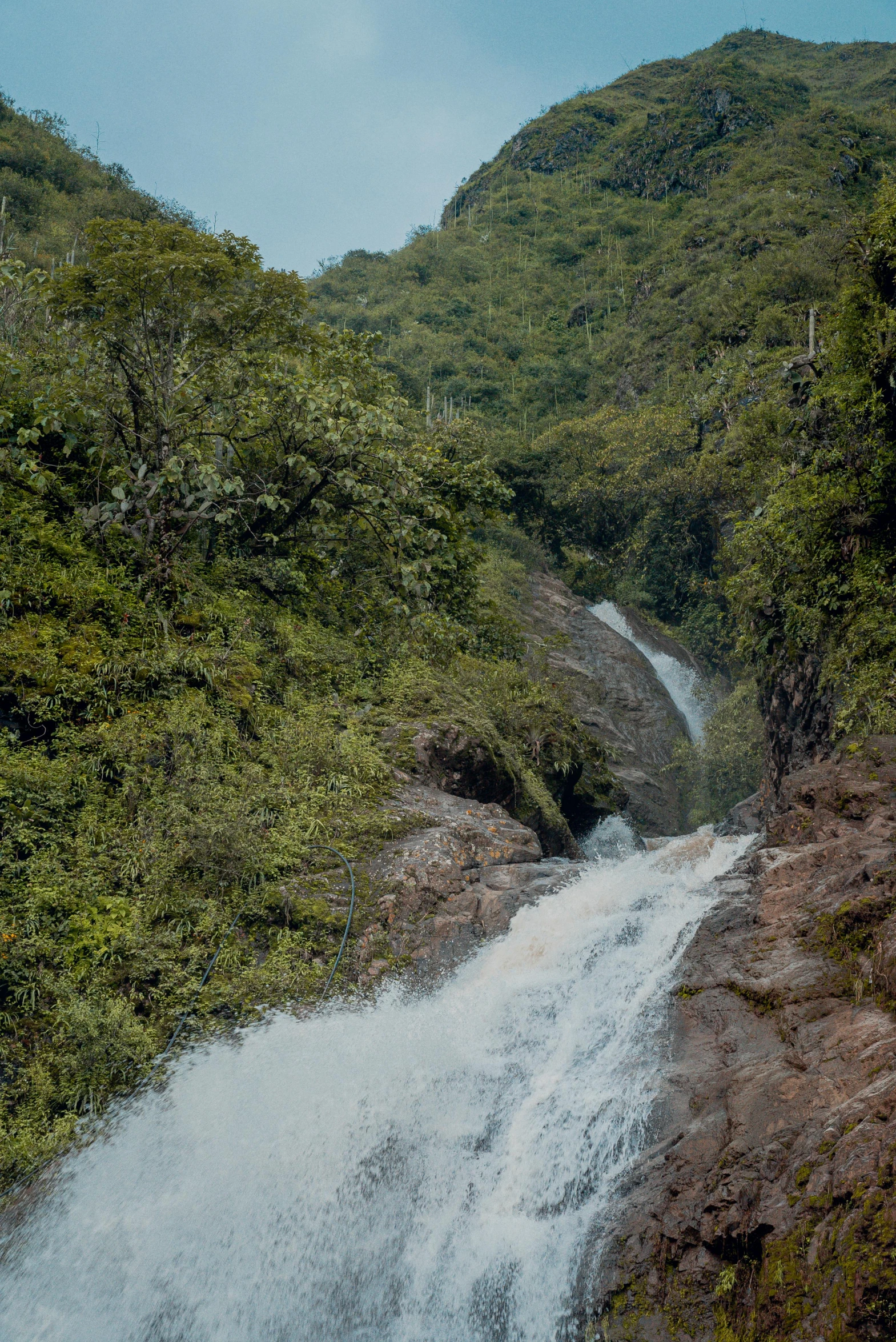 a waterfall that is surrounded by greenery on a hill