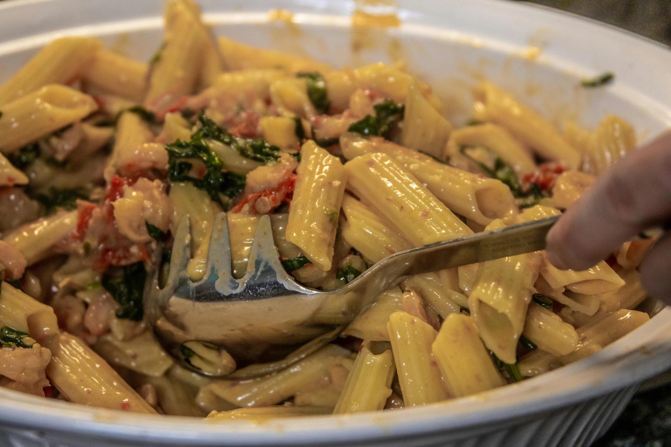 a close up of a fork in pasta dish