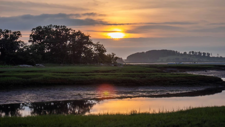 a river with grass, water, and trees during sunset