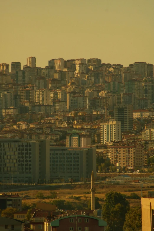 a large city skyline with a clock tower in the foreground