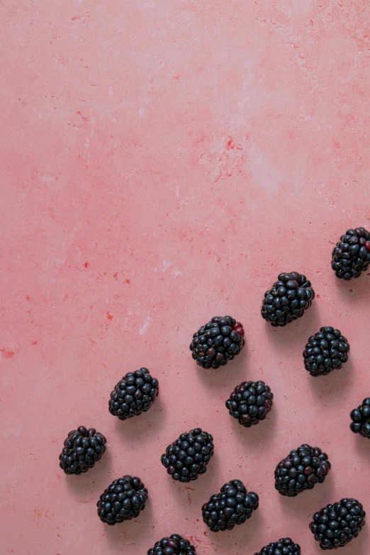 berries scattered around them on a pink table