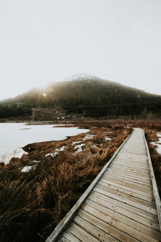 a very long wooden boardwalk sitting next to some water