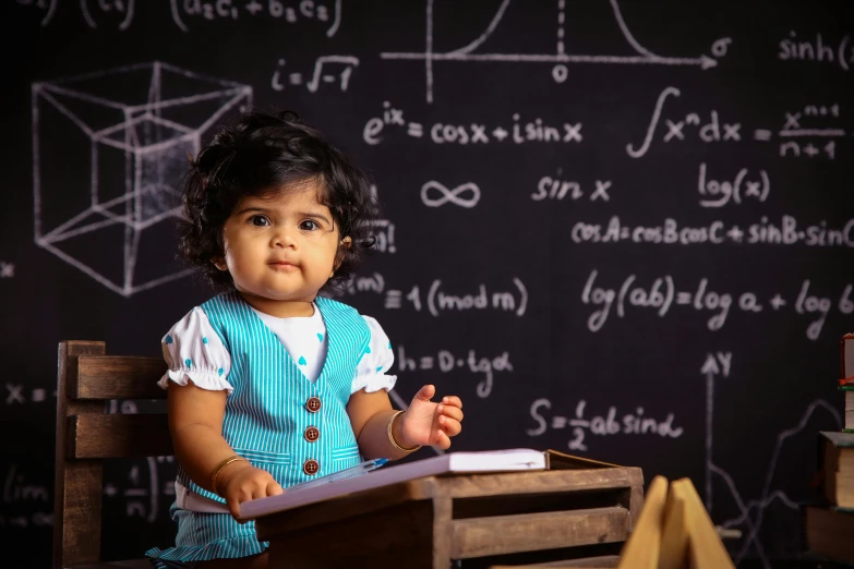 a child is sitting in a chair in front of a blackboard with white writing