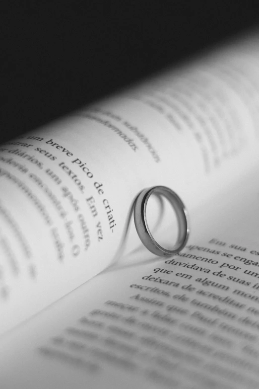 a ring is sitting on top of an open book