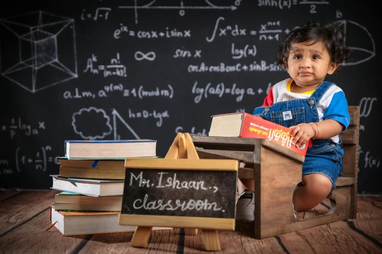 a toddler sitting in front of a stack of books