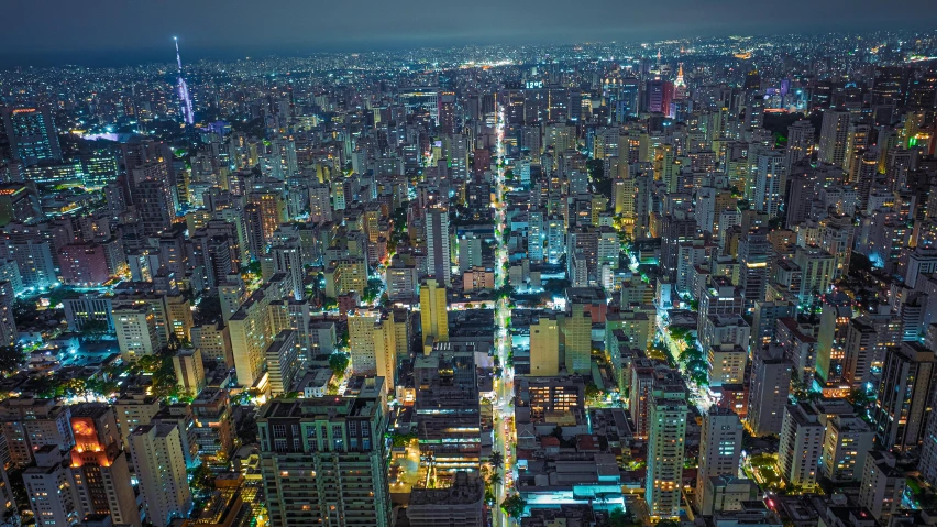 a night scene shows the lights and skyscrs of a large city