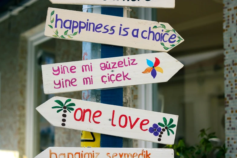 a street pole with signs that say happiness is a choice