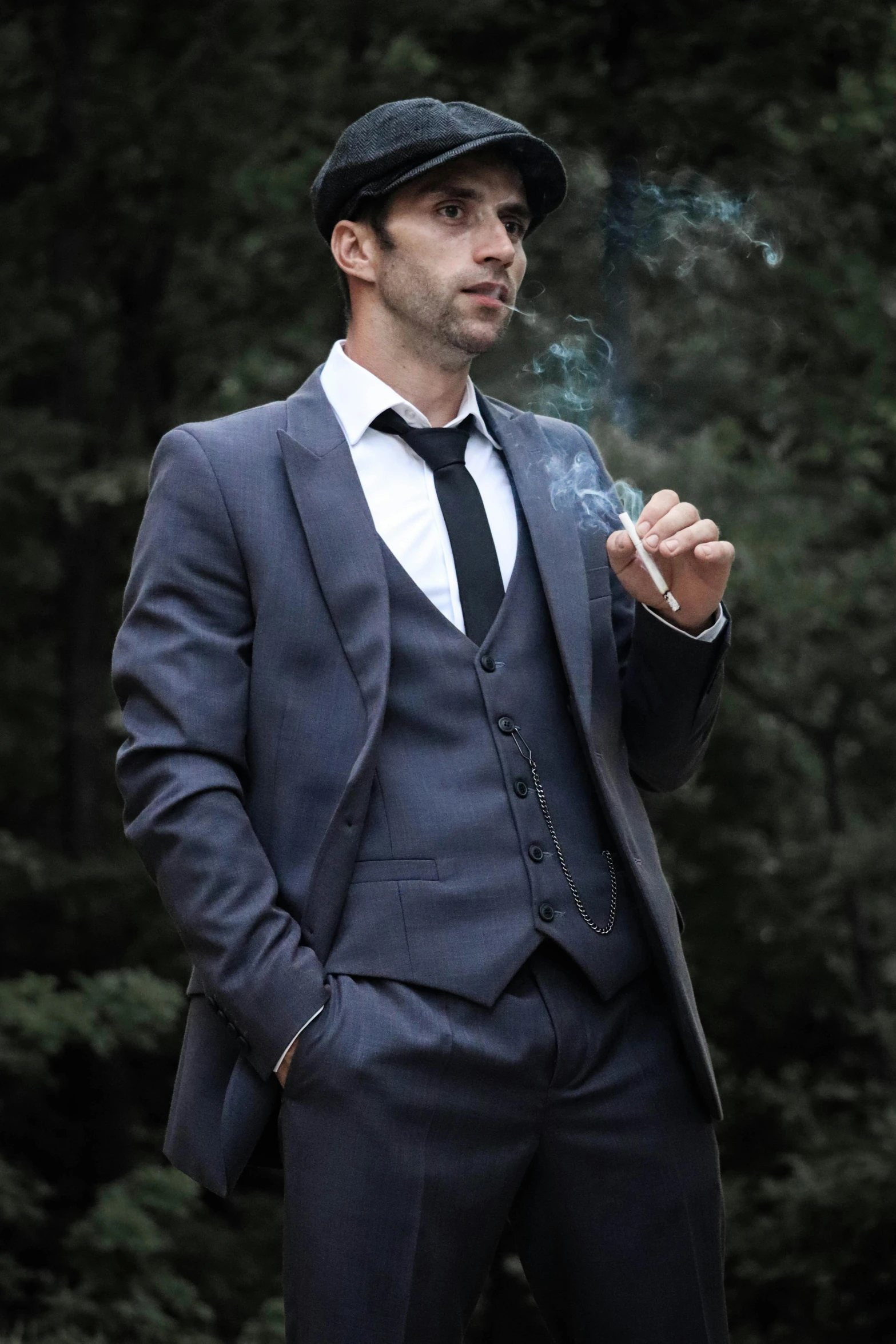 a man in a suit smoking on a stick
