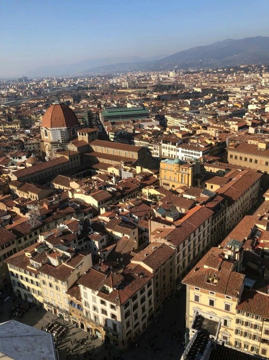 an aerial view shows buildings of several types