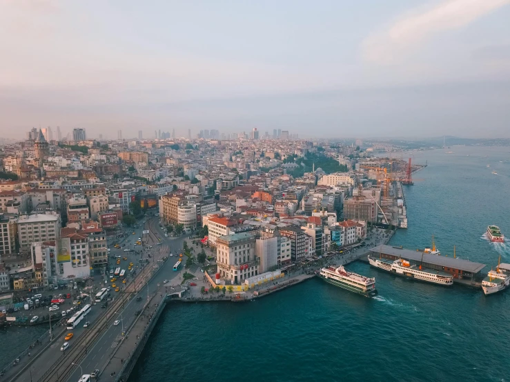 an aerial view of a bay with some buildings in it