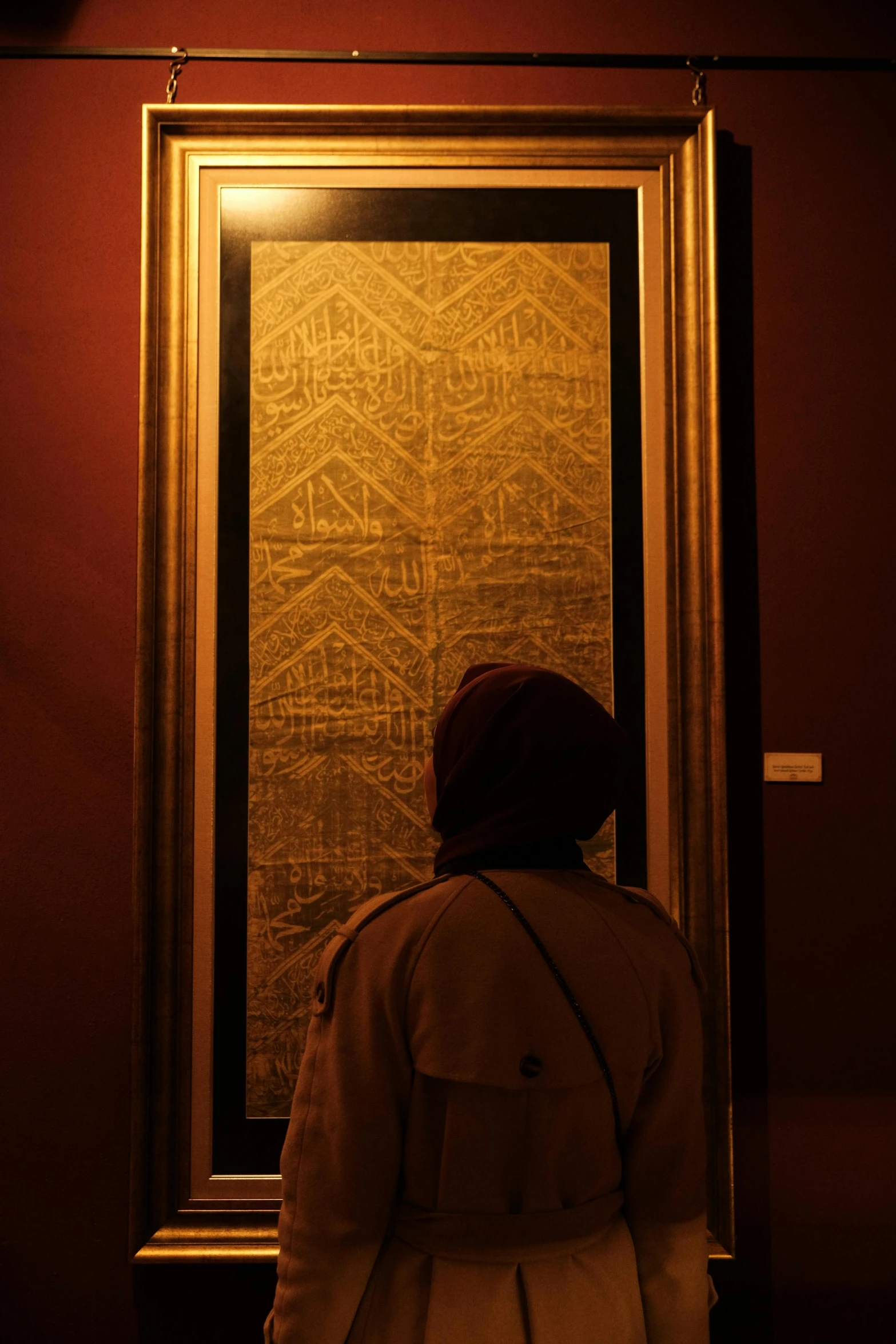 the person in front of an ornate golden framed artwork