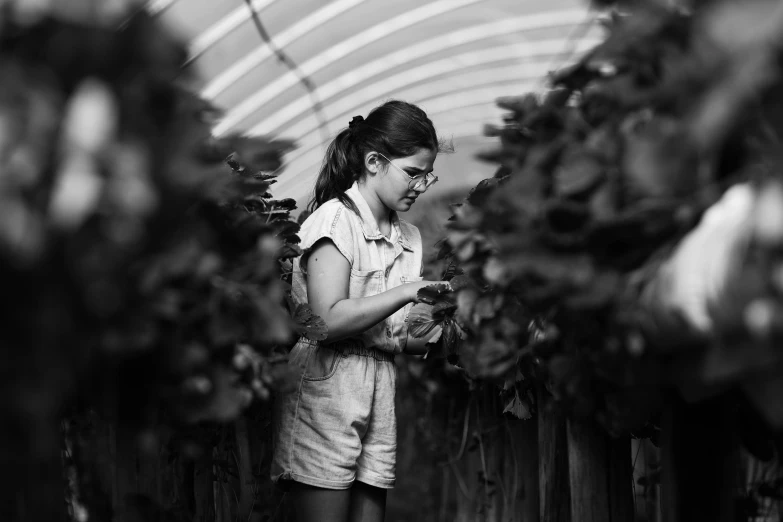 a woman stands looking at her cell phone in a garden