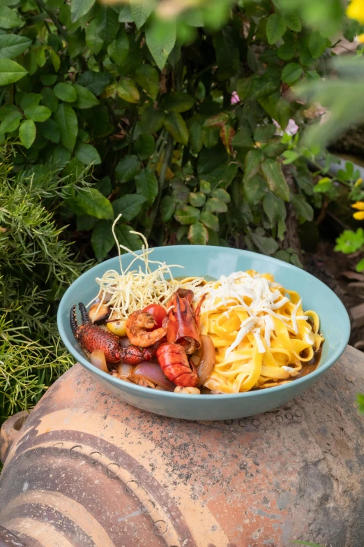 a blue plate with lots of food and a fork on it