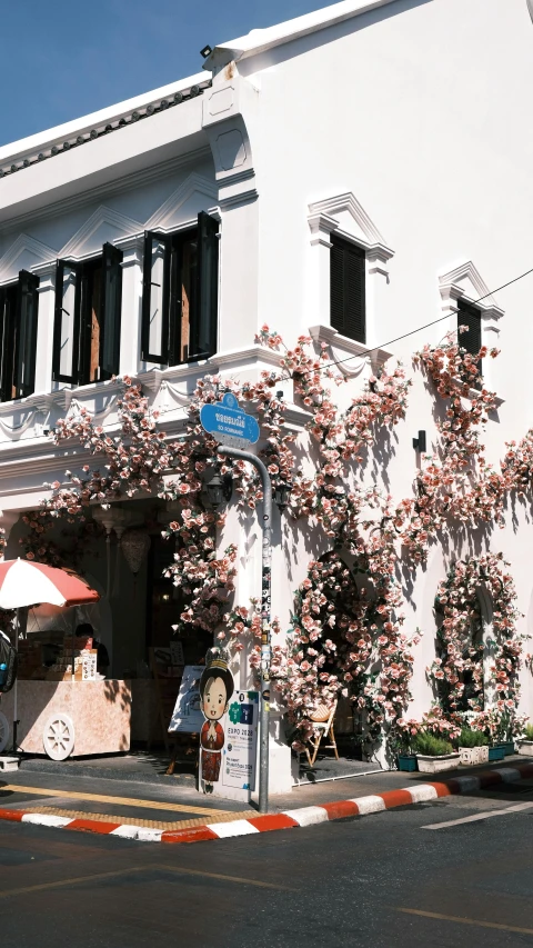 a person sitting outside a building on the street