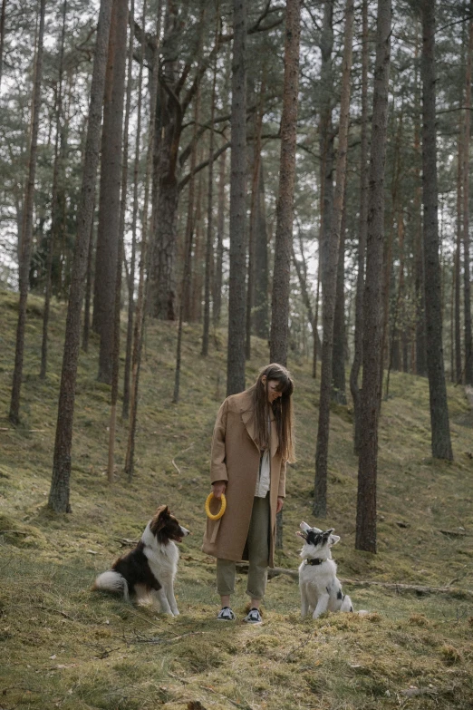 a man in the forest with three dogs