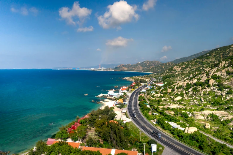 aerial view of a coastal road and coastline