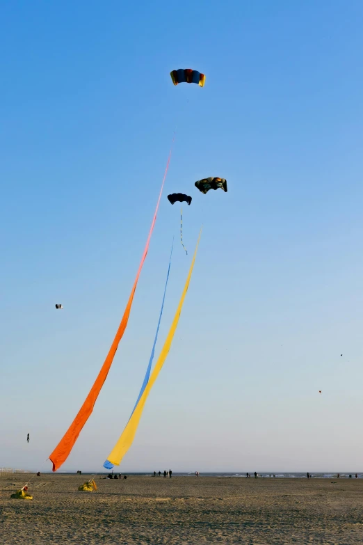 several kites fly in the air on a desert