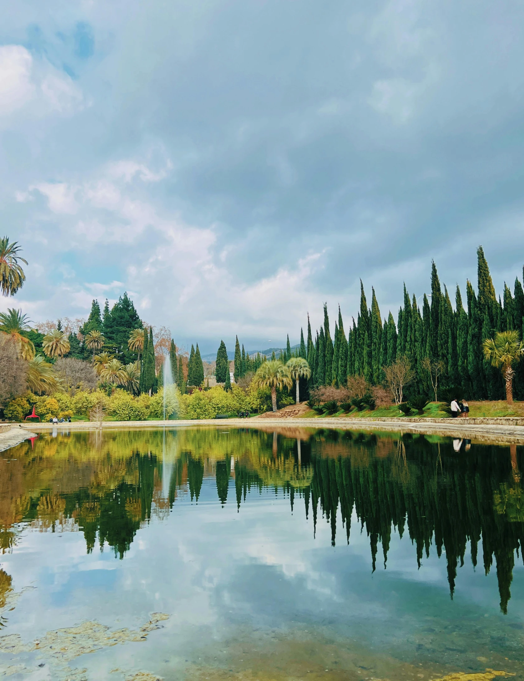 a peaceful lake and trees is reflected in the water