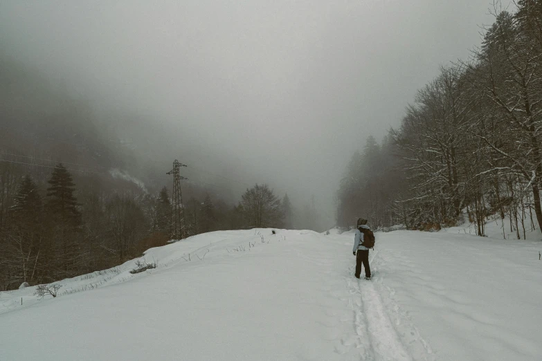 person with snowshoes looking down hill from the bottom