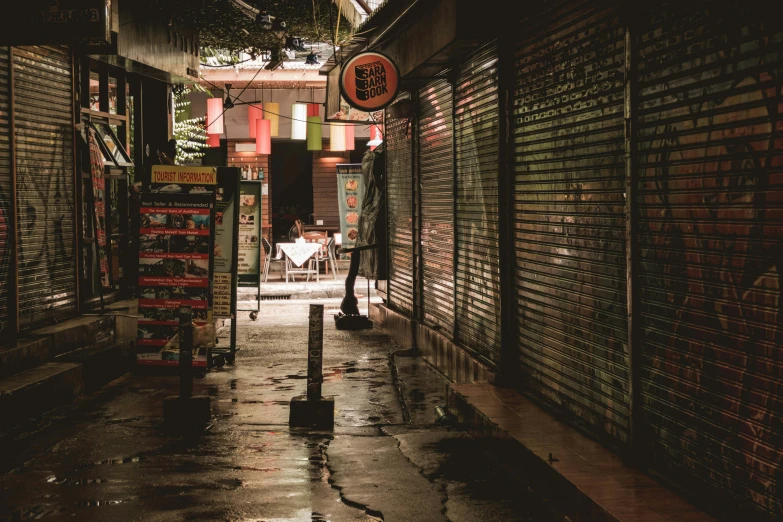 the dark alley is dimly lit with shop signs and lights