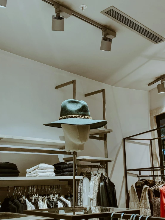 an empty hat store with clothing on racks