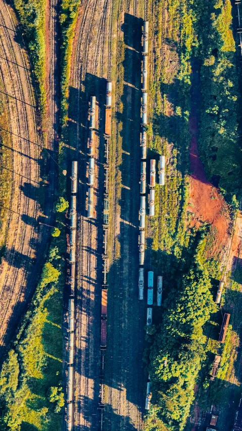 aerial s of trains on a railroad track surrounded by trees