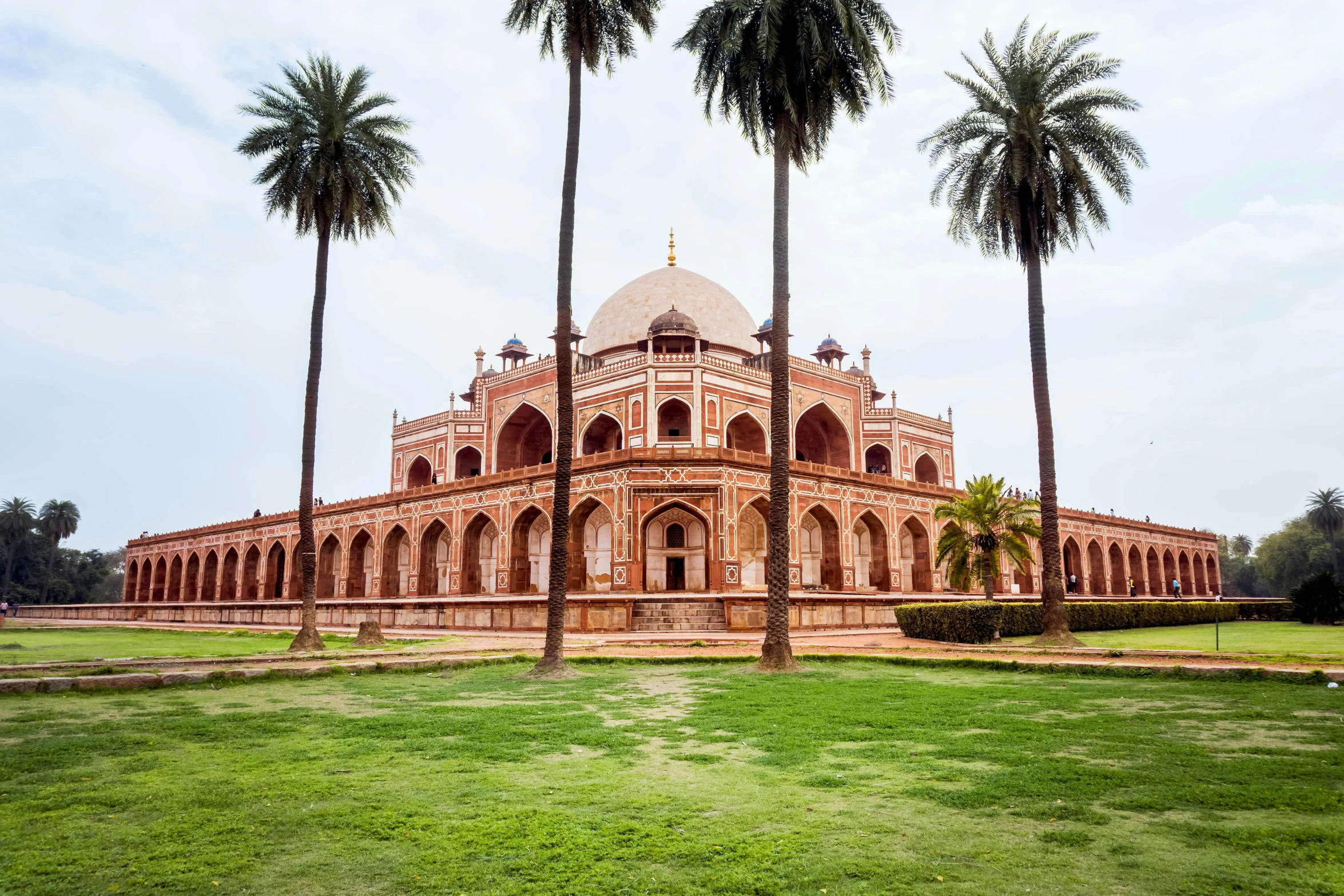 the large building with many palm trees is on the lawn