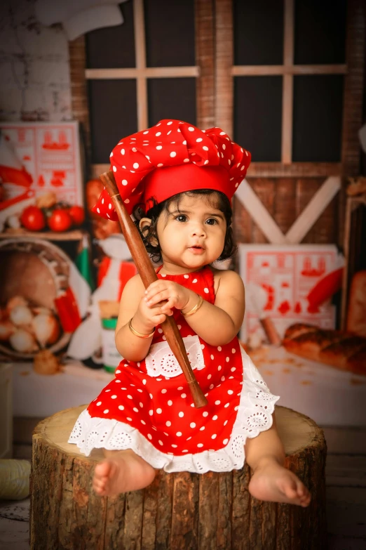 a little girl holding a stick on top of a wooden table