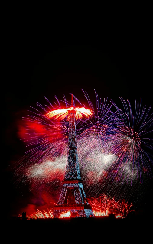 a colorful fireworks with a view of the eiffel tower