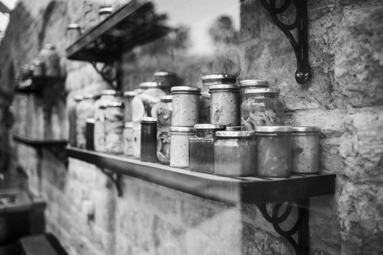 a set of metal shelves on the wall