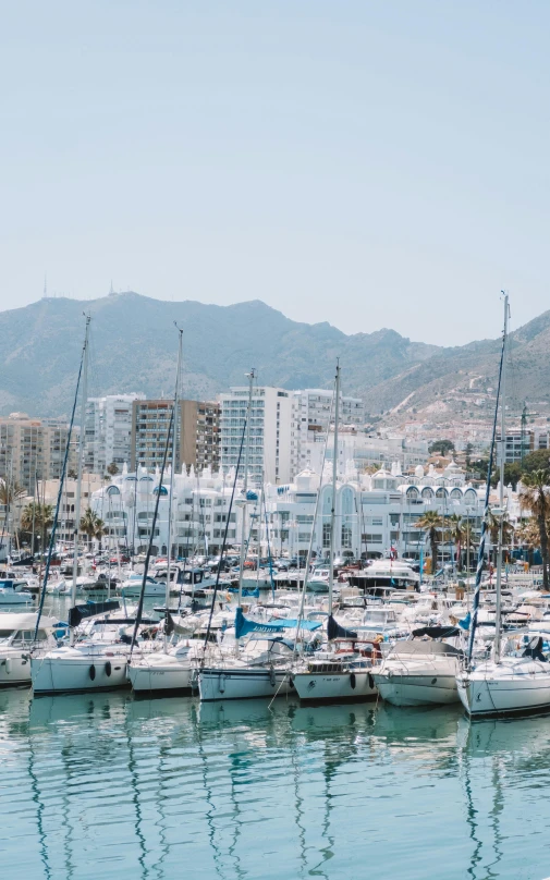 several sailboats are docked near some tall buildings