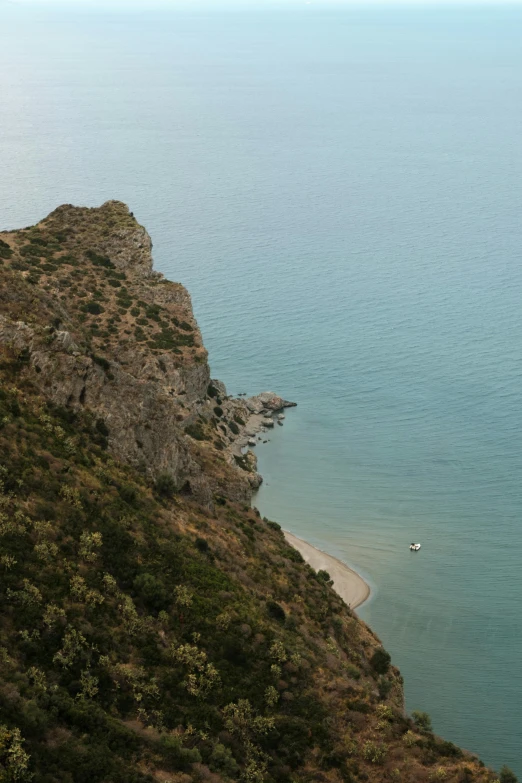 the view of a small boat on the blue water