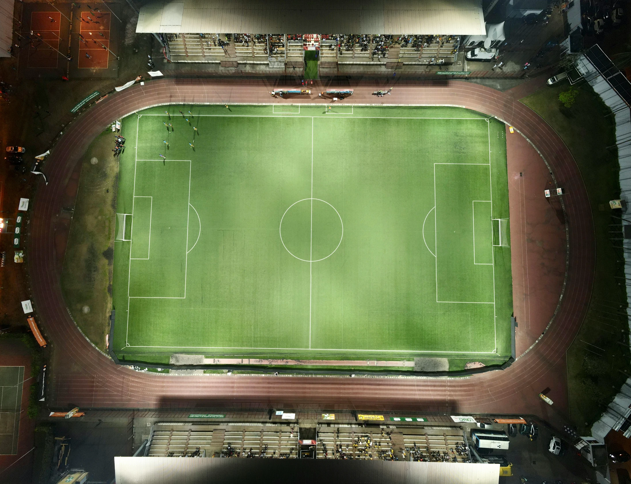 an overhead view of an empty soccer field