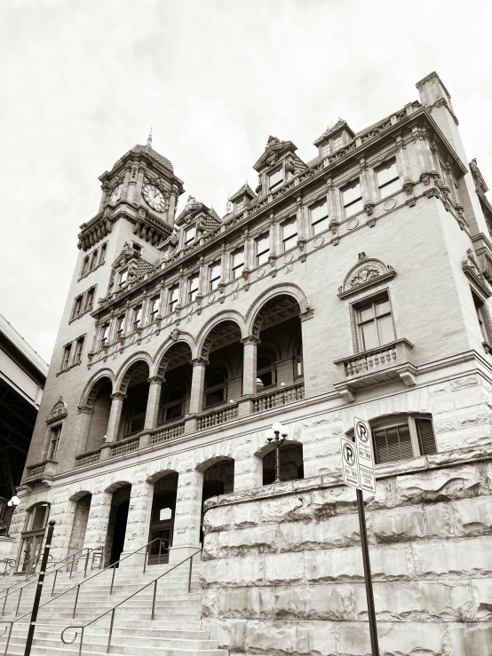 a black and white po of a large building