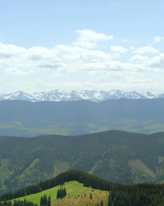 a lush green mountain filled with mountains covered in snow