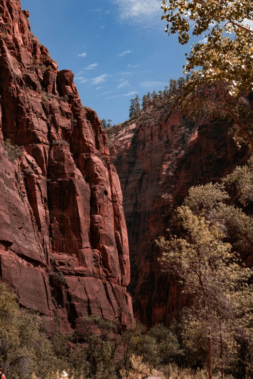 the people are riding on horseback near red rocks