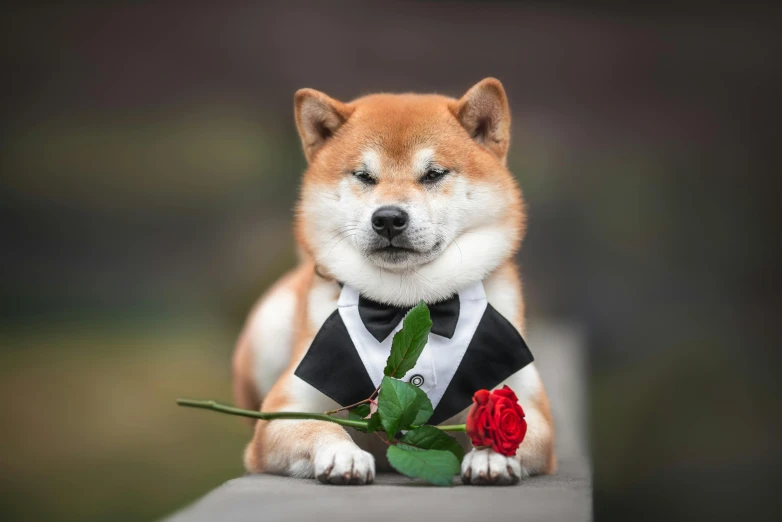 a dog sitting on the ground with its face down holding a rose