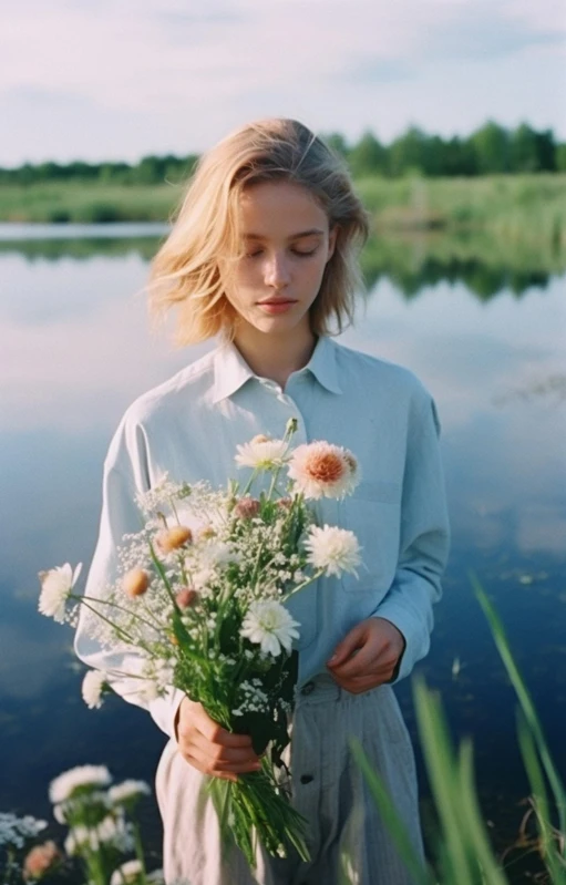 a girl holds up some flowers in her hands