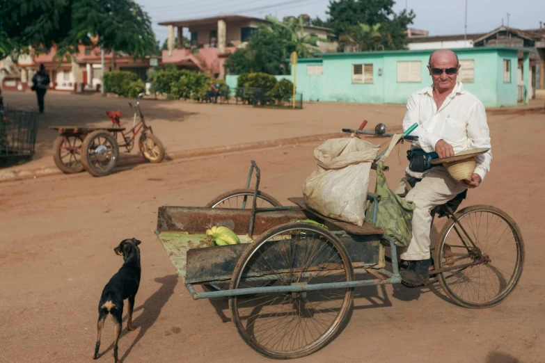 a man on a cart next to a dog in the dirt