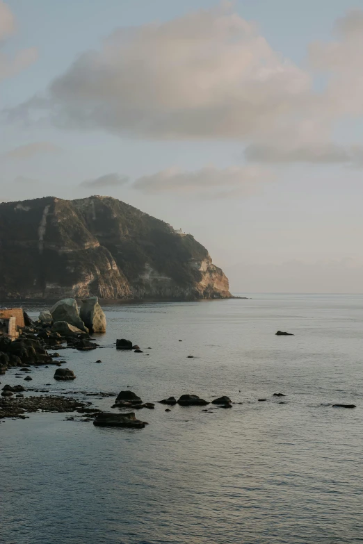 a lone bird sitting on a rock outcropping overlooking the water