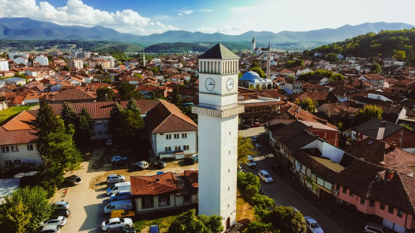 this is a town aerial po with a clock tower